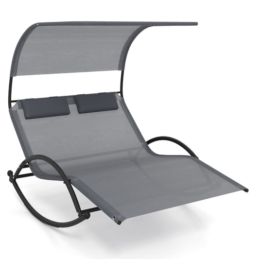 Outdoor Dual Rocker Sunbed 2-Person Canopied Patio Lounger with Detachable Headrests-Gray