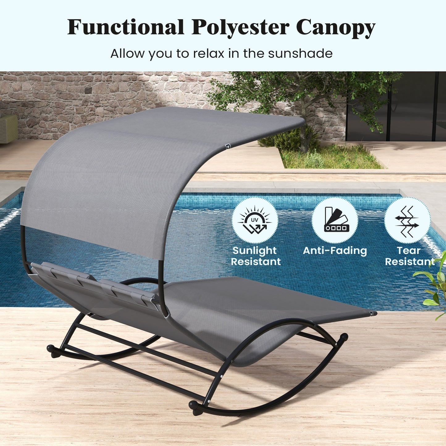 Outdoor Dual Rocker Sunbed 2-Person Canopied Patio Lounger with Detachable Headrests-Gray