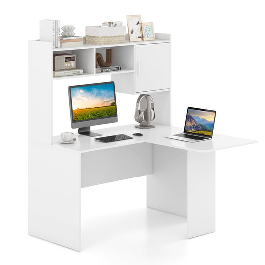L-Shaped Desk Corner Computer Desk with Open Storage Hutch and Cabinet-White