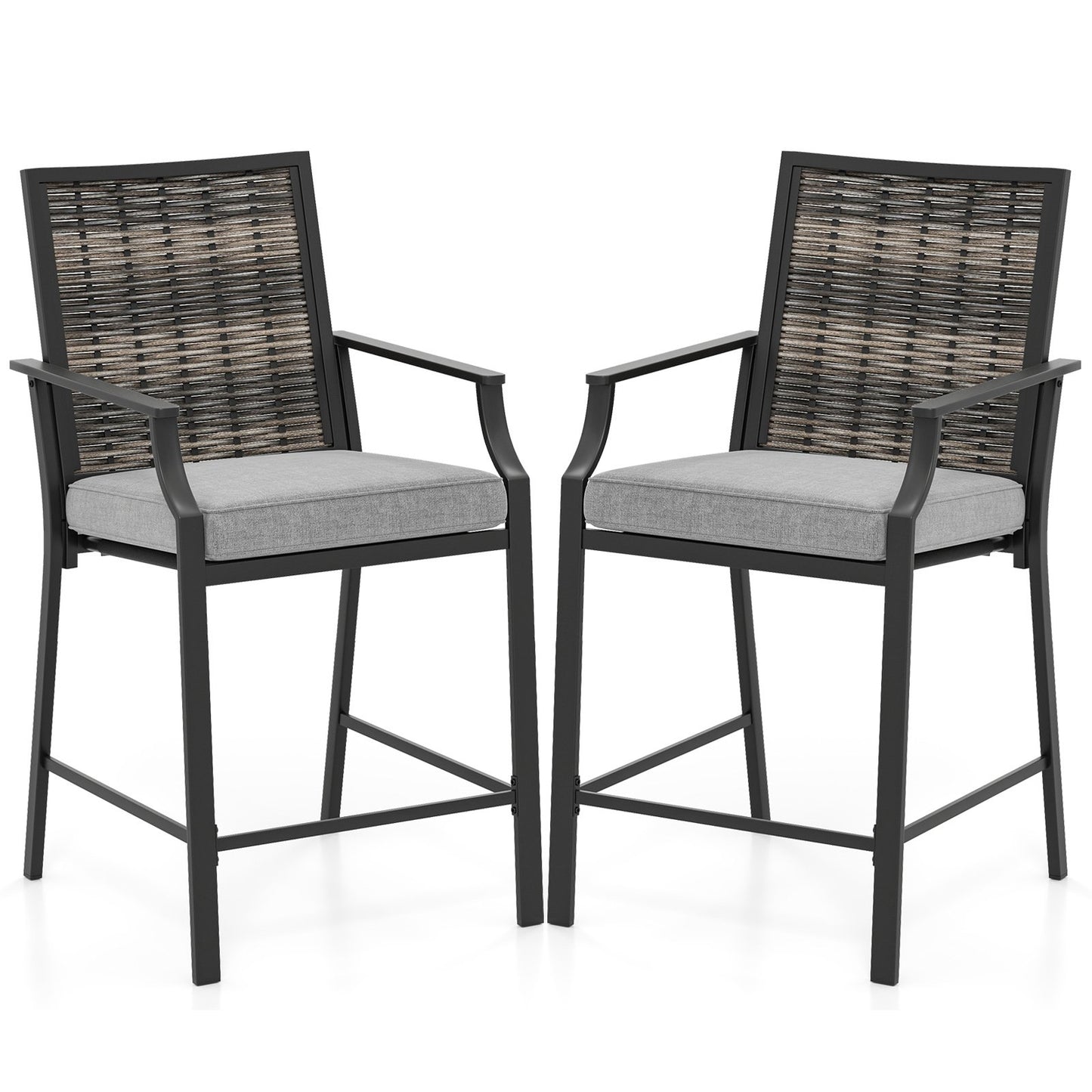 Patio Bar Stools Set of 2 Counter Height Rattan Bar Chairs with Armrest-Grey