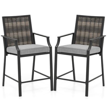 Patio Bar Stools Set of 2 Counter Height Rattan Bar Chairs with Armrest-Grey