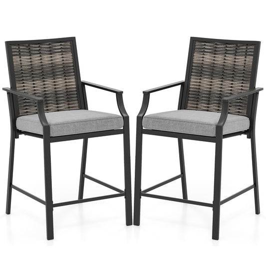 Patio Bar Stools Set of 2 Counter Height Rattan Bar Chairs with Armrest-Grey