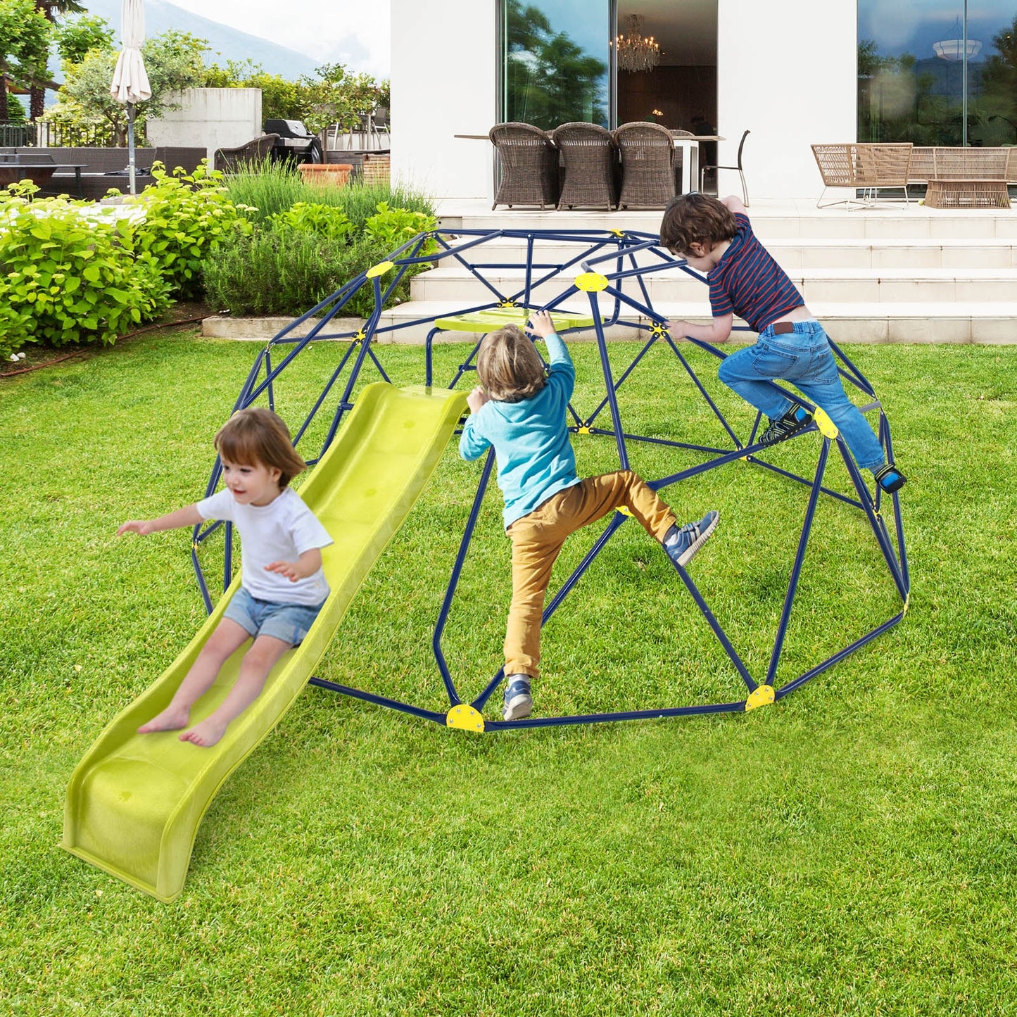 13.3 FT Climbing Dome Geometric Dome Climber with Extended Wavy Slide and 2 Rest Platforms-Multicolor