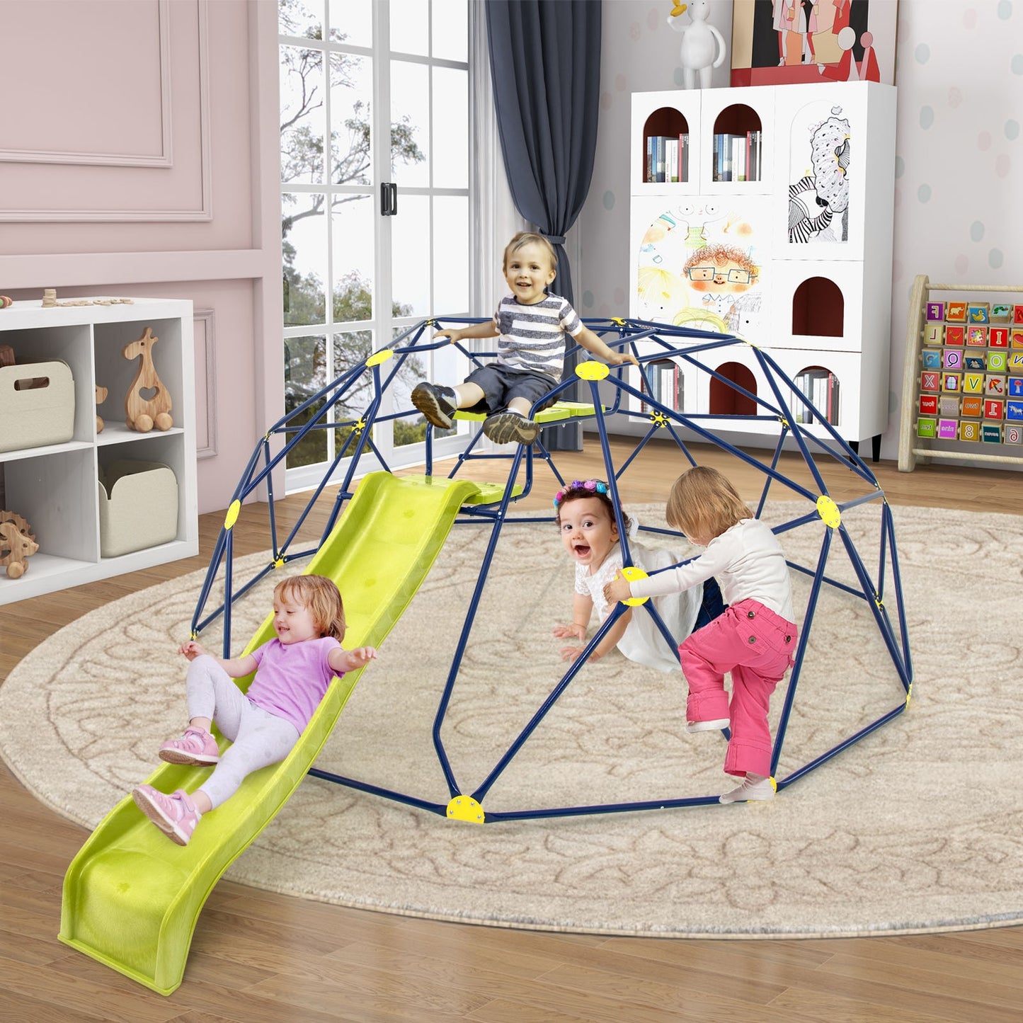 13.3 FT Climbing Dome Geometric Dome Climber with Extended Wavy Slide and 2 Rest Platforms-Multicolor