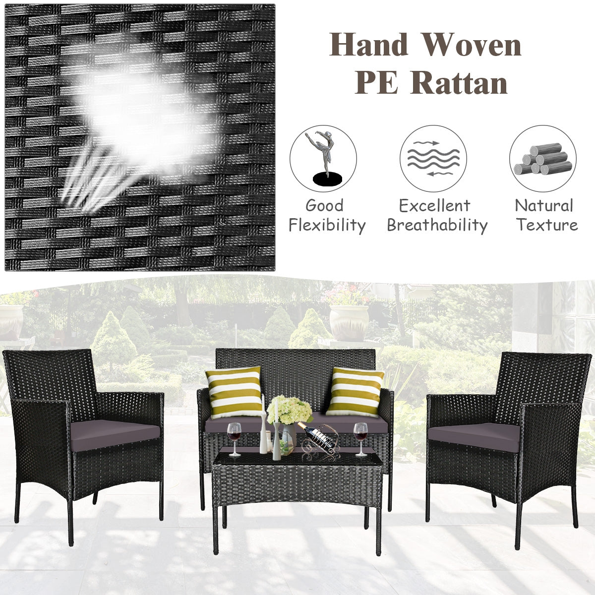 4 Pieces Patio Rattan Cushioned Sofa Set with Tempered Glass Coffee Table-Gray