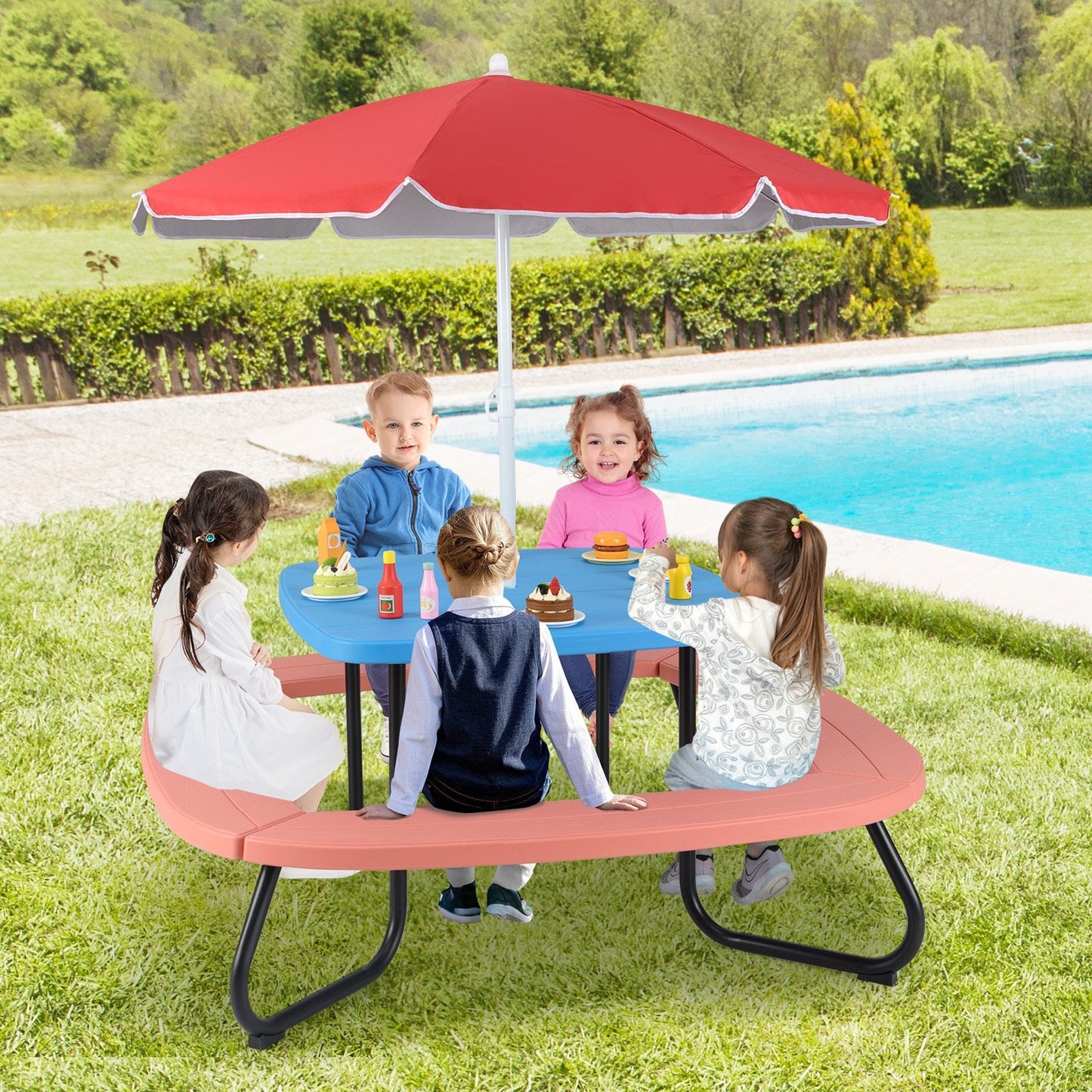 Toddler Outdoor Activity Table with Adjustable and Collapsible Umbrella-Blue