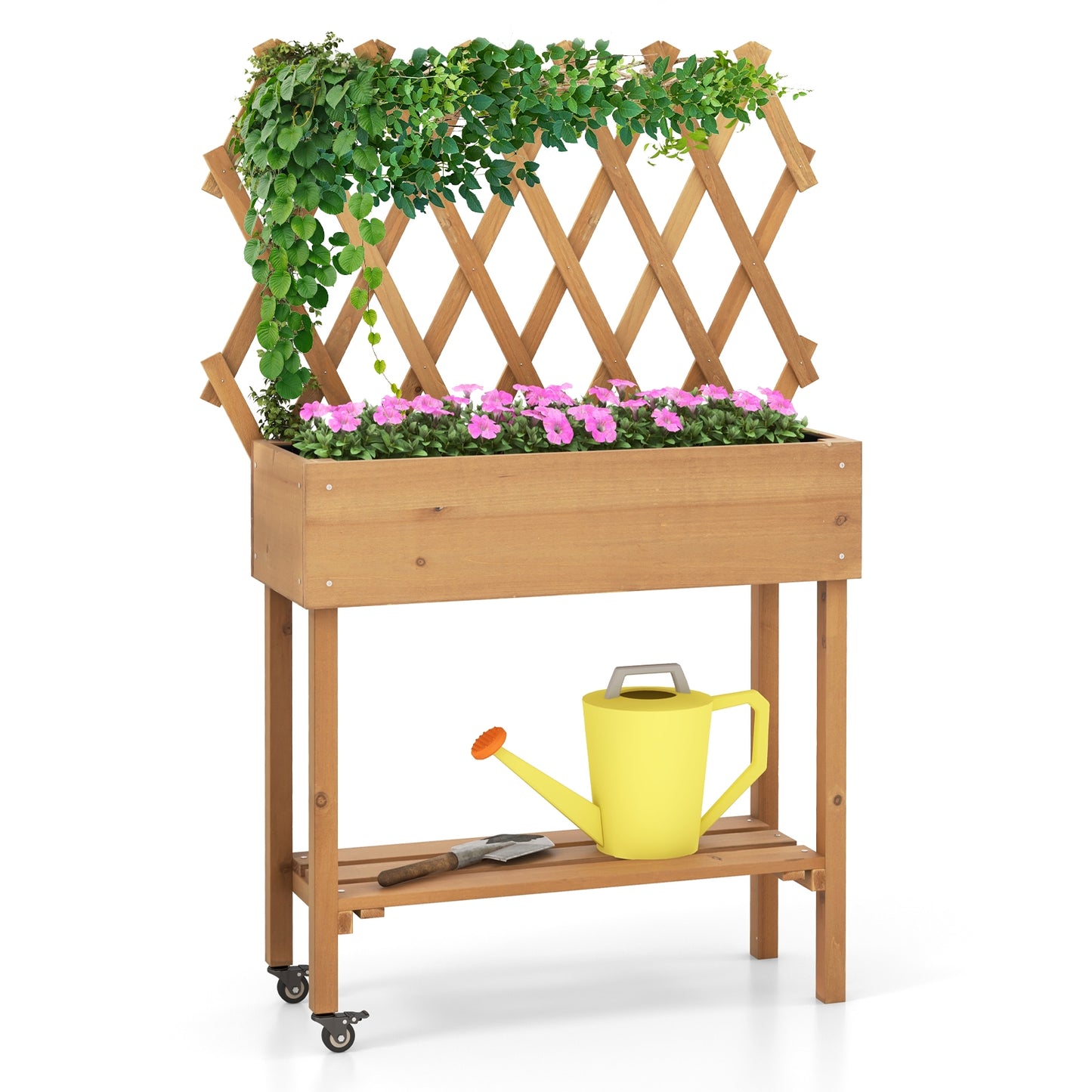 Wooden Raised Garden Bed Mobile Elevated Planter Box with Trellis