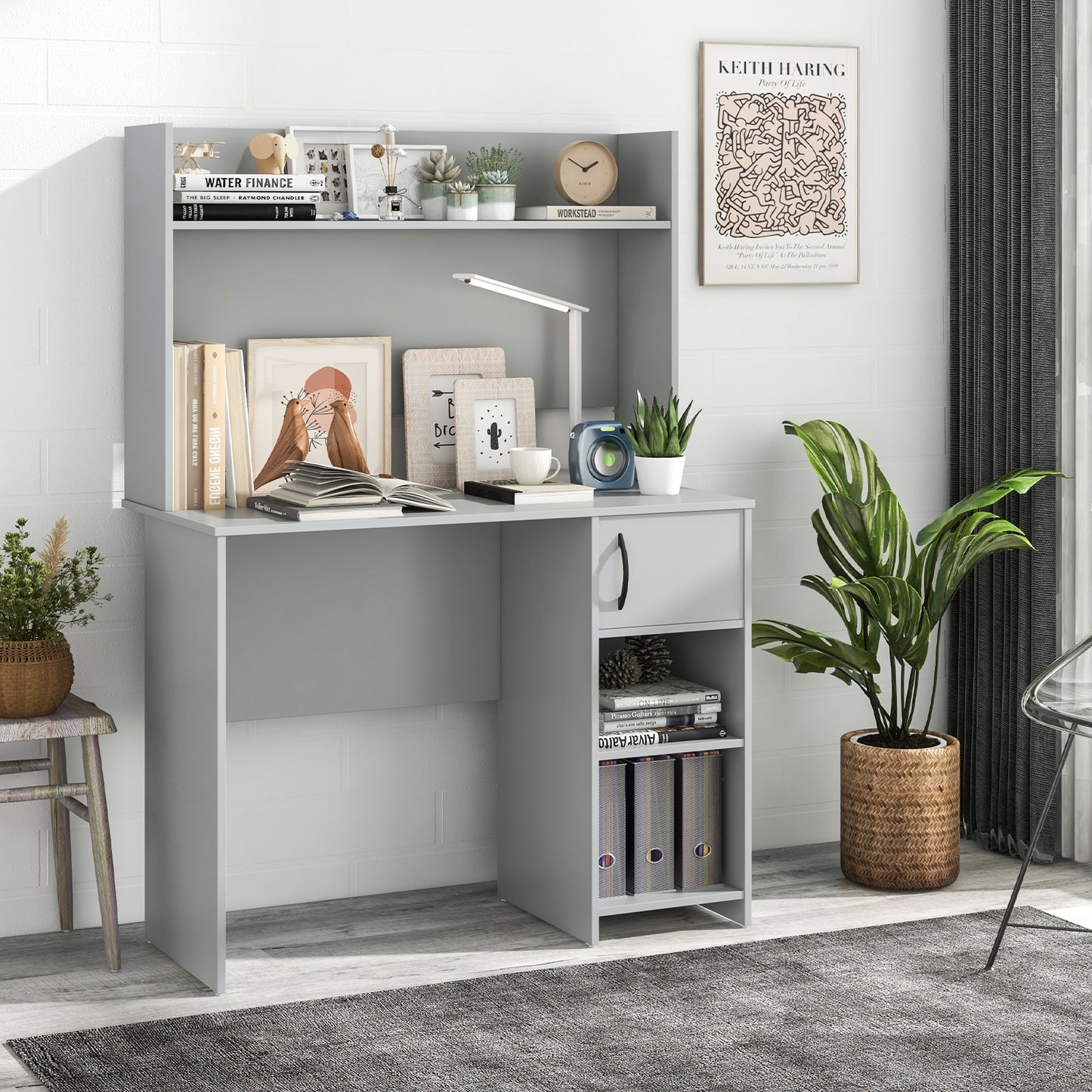 Home Office Desk with Raised Display Shelf and 2 Open Shelves-Gray