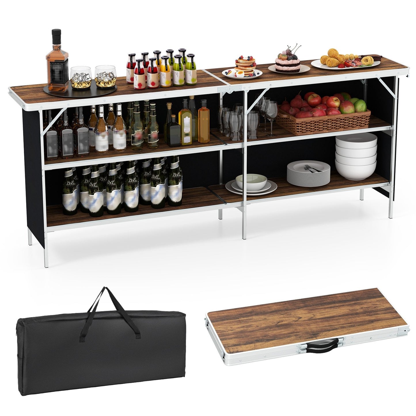 Aluminum Portable Picnic Table with 2-Tier Open Shelves and Spacious Tabletop-Black