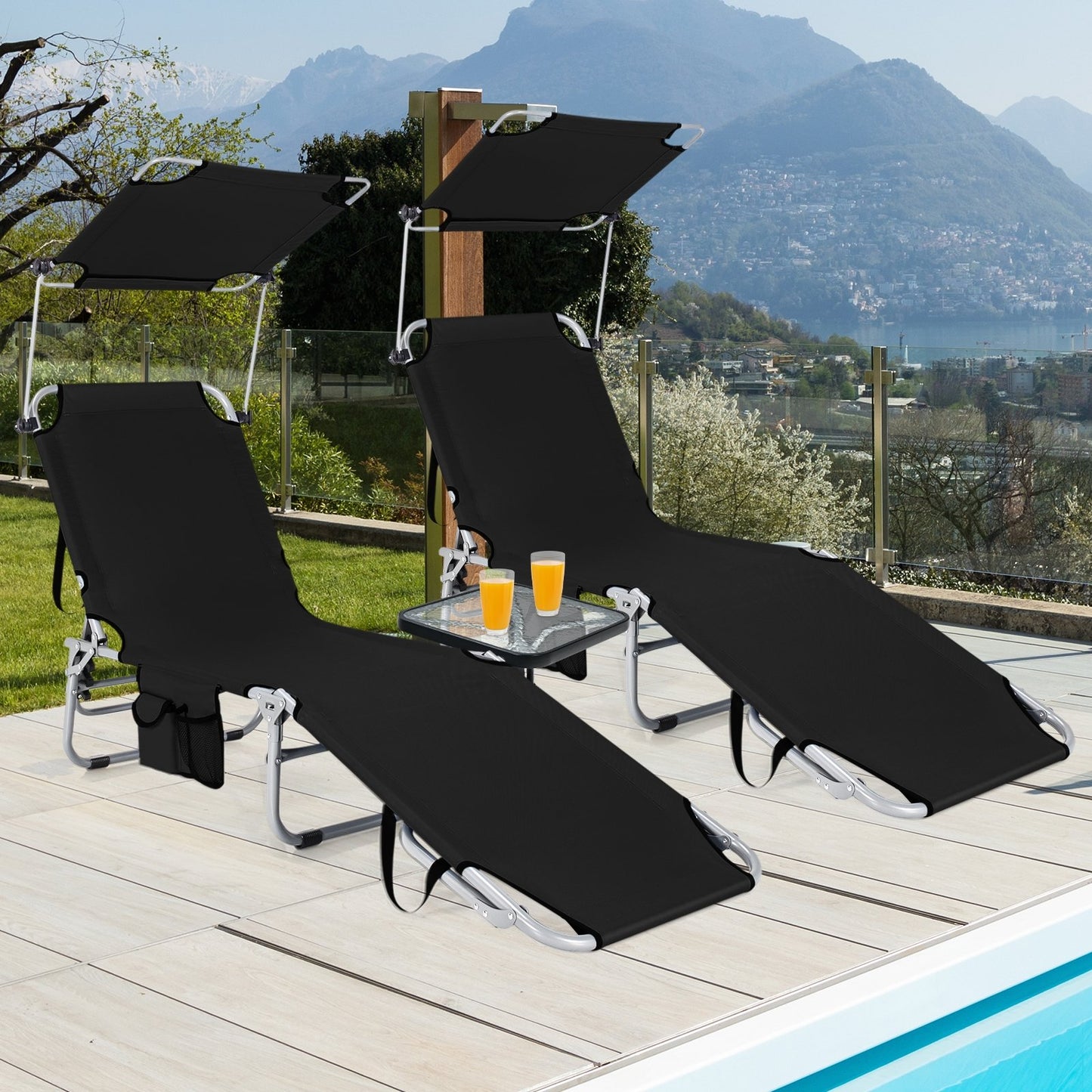 Set of 2 Portable Reclining Chair with 5 Adjustable Positions-Beige