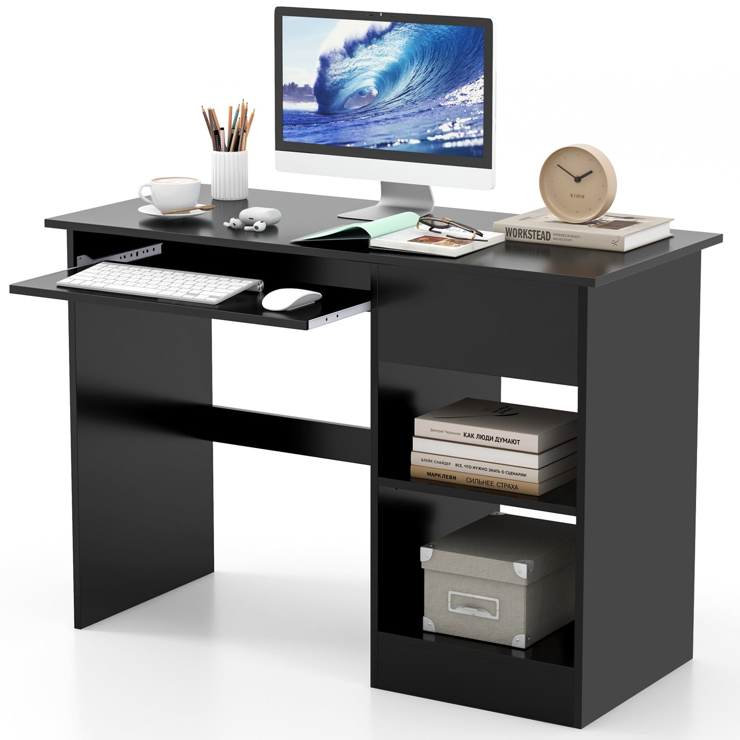 Wooden Computer Desk with CPU Stand-Black