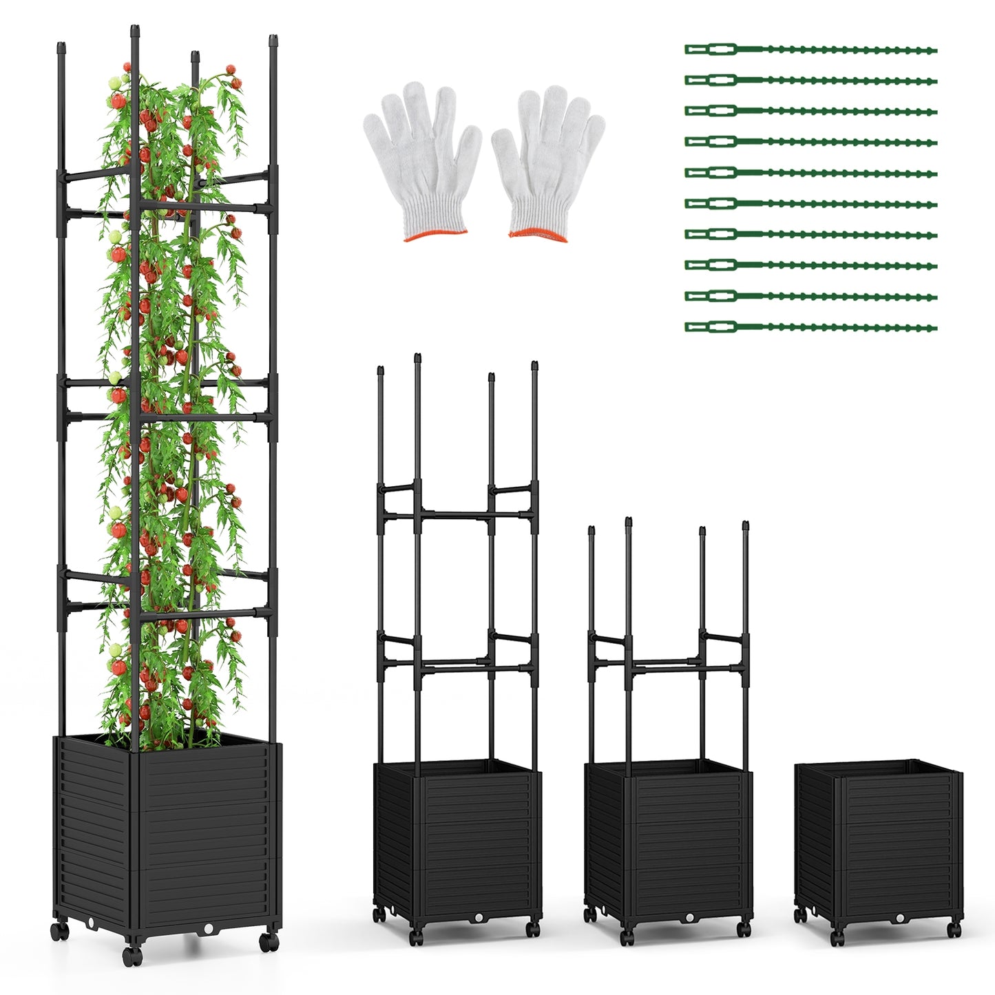 Raised Garden Bed with Obelisk Trellis and 3 Heights & Detachable PE-Coated Metal Tubes-Black