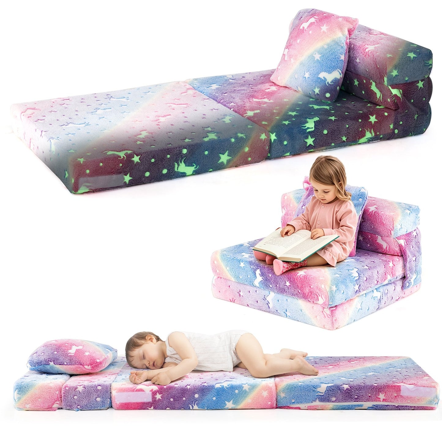 Kids Folding Sofa Bed Floor Mattress Glow in the Dark with Pillow-Gray