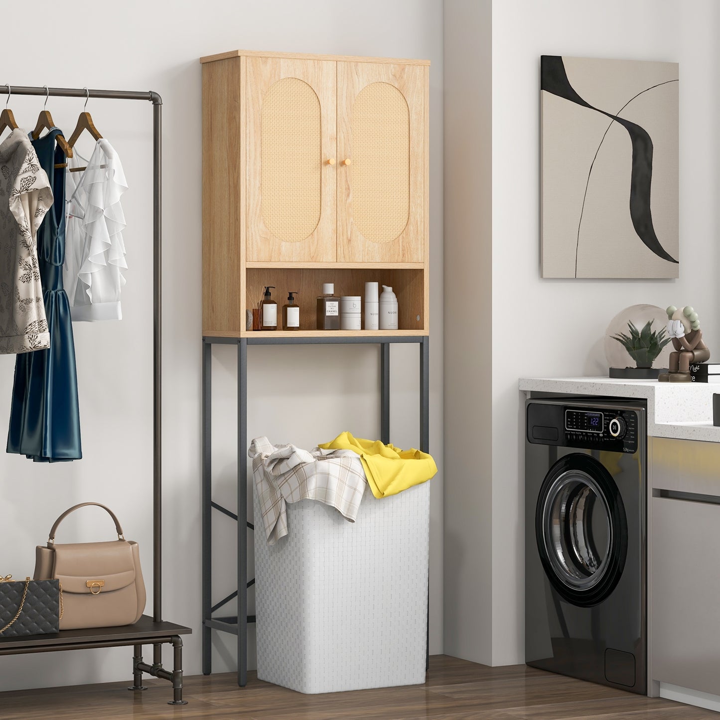 Over The Toilet Storage Cabinet with Rattan Doors and Shelves-Natural