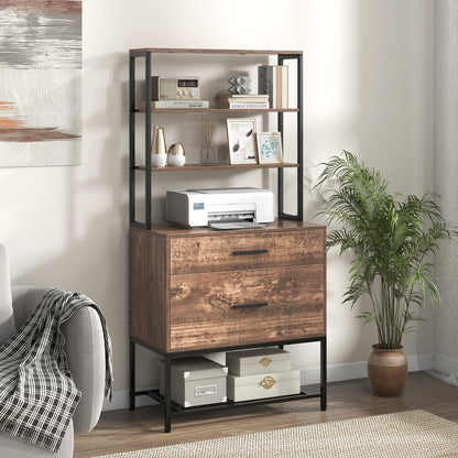 Freestanding File Cabinet with Charging Station and 3-Tier Open Shelves-Rustic Brown