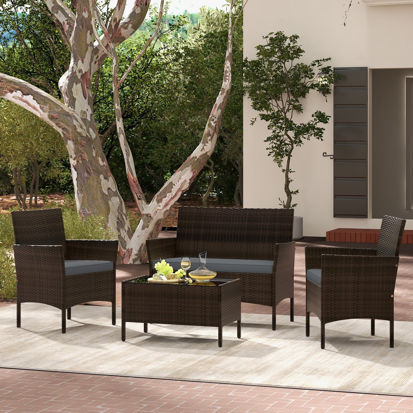 4 Piece Patio Rattan Conversation Set with Cozy Seat Cushions-Black