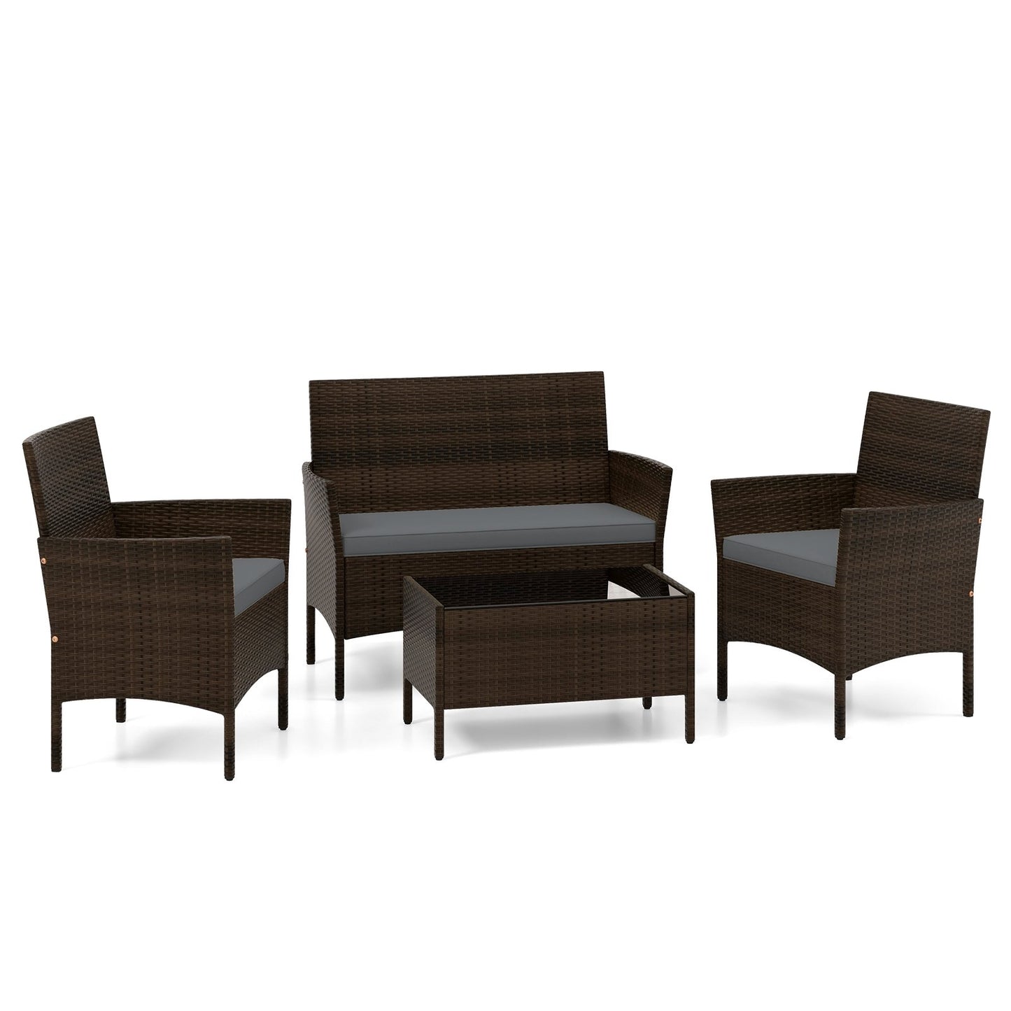 4 Piece Patio Rattan Conversation Set with Cozy Seat Cushions-Black