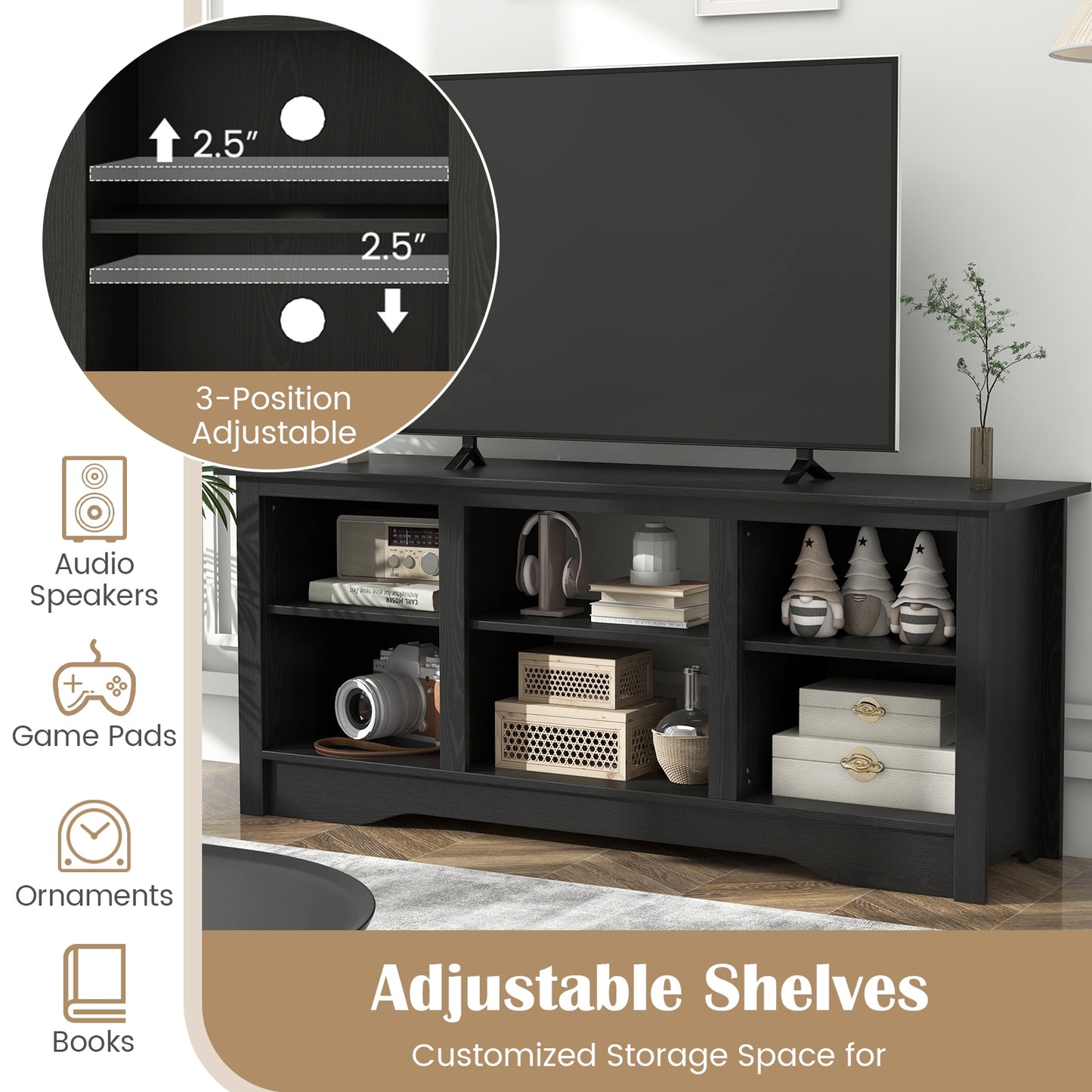 TV Stand for up to 65 Inch Flat Screen TVs with Adjustable Shelves for 18 Inch Electric Fireplace (Not Included)-Black