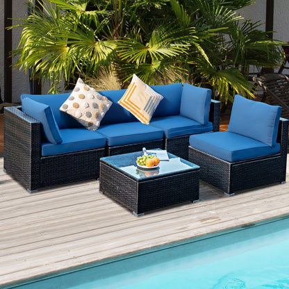5 Pieces Cushioned Patio Rattan Furniture Set with Glass Table-Black
