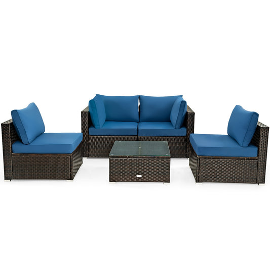 5 Pieces Cushioned Patio Rattan Furniture Set with Glass Table-Navy