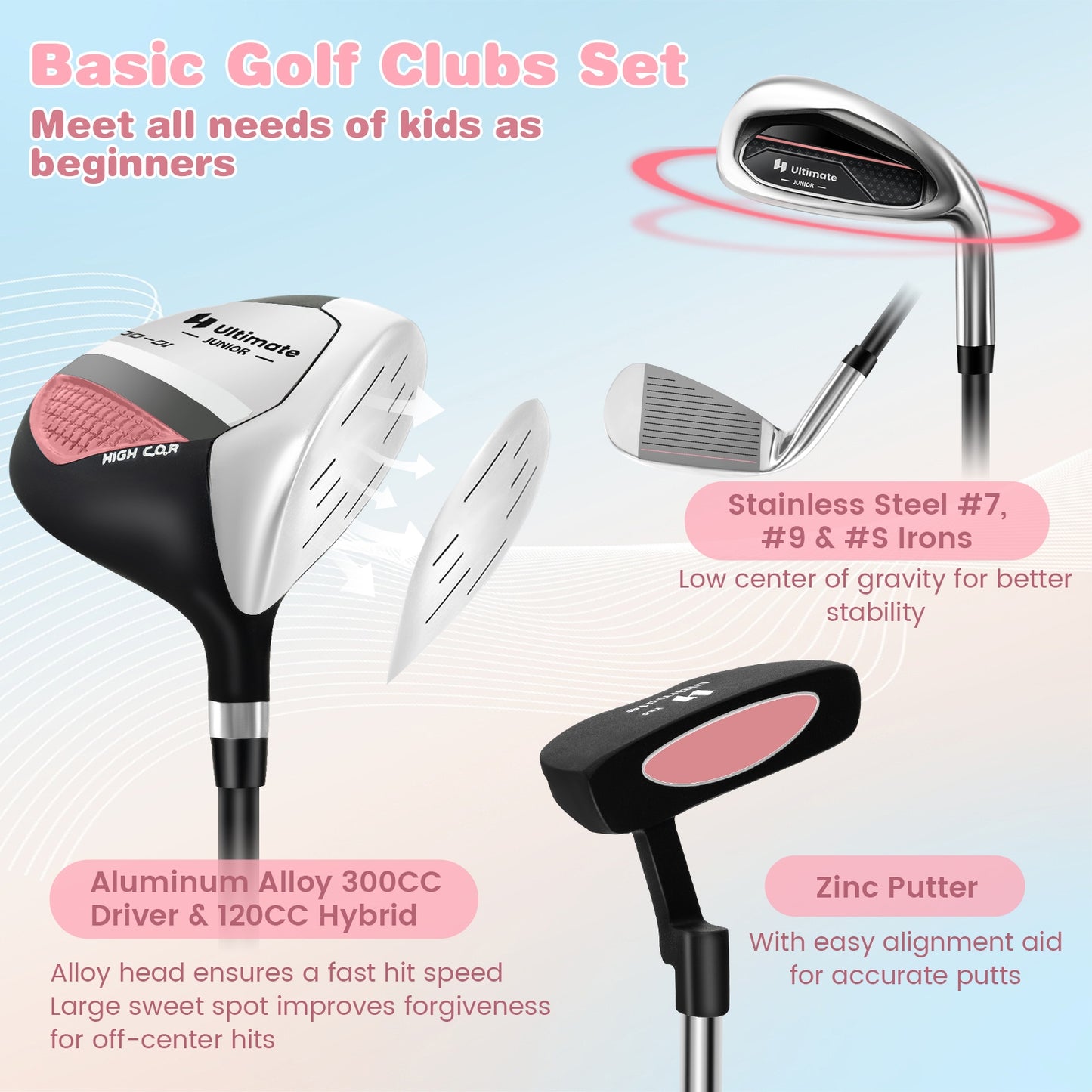 Junior Complete Golf Club Set with Stand Bag Rain Hood-Pink
