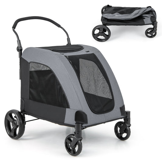 4 Wheels Extra Large Dog Stroller Foldable Pet Stroller with Dual Entry-Gray