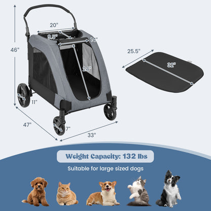 4 Wheels Extra Large Dog Stroller Foldable Pet Stroller with Dual Entry-Gray