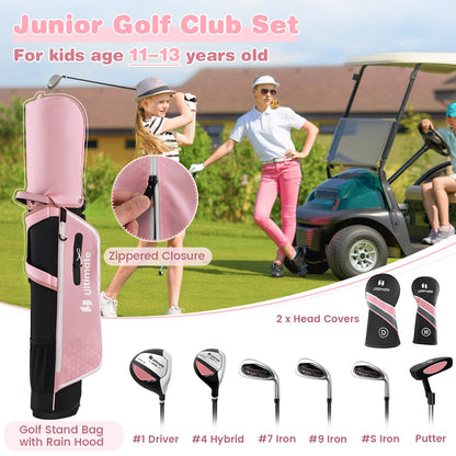 Junior Complete Golf Club Set with Stand Bag Rain Hood-Pink