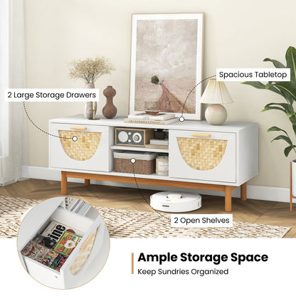 Mid Century Modern TV Stand Entertainment Center for 55-Inch TV with 2 Drawers and Bamboo Woven Fronts-White