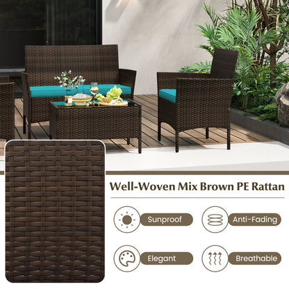 4 Piece Patio Rattan Conversation Set with Cozy Seat Cushions-Turquoise