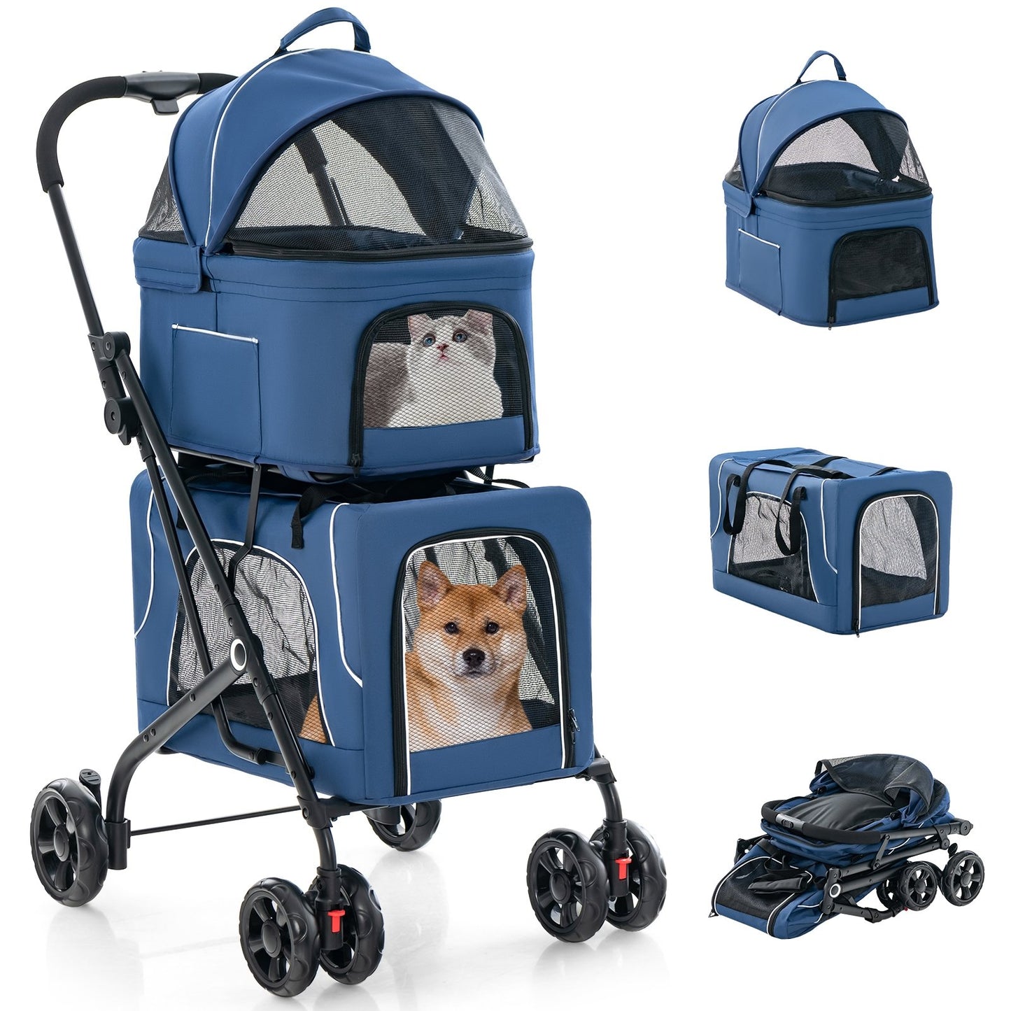 Double Pet Stroller Foldable 3-in-1 Dog Stroller with 2 Detachable Carriers-Beige