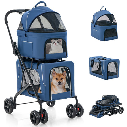 Double Pet Stroller Foldable 3-in-1 Dog Stroller with 2 Detachable Carriers-Beige