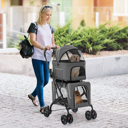 Double Pet Stroller Foldable 3-in-1 Dog Stroller with 2 Detachable Carriers-Beige