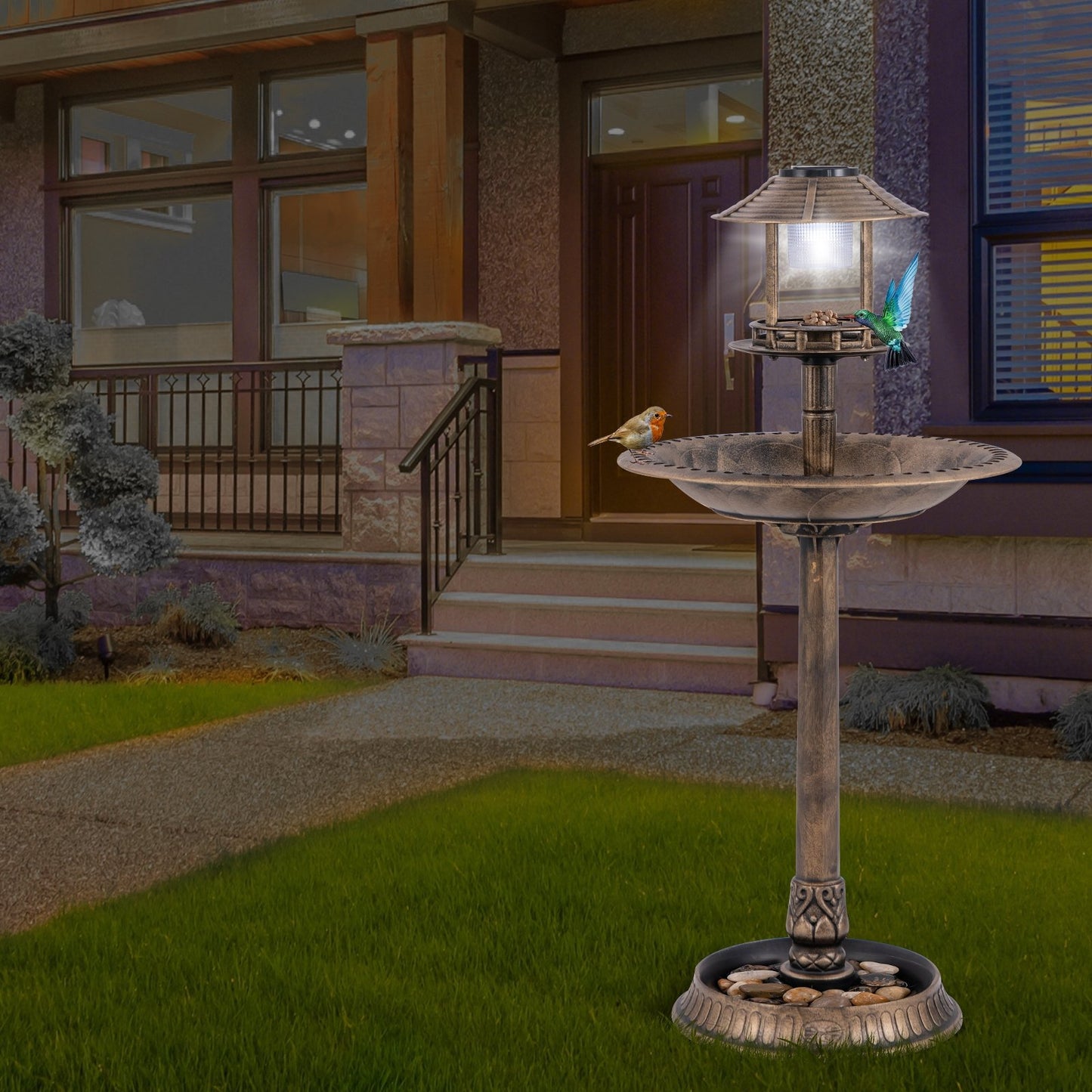 Pedestal Bird Bath with Solar Light with Bird Feeder and Flower Planter-Bronze