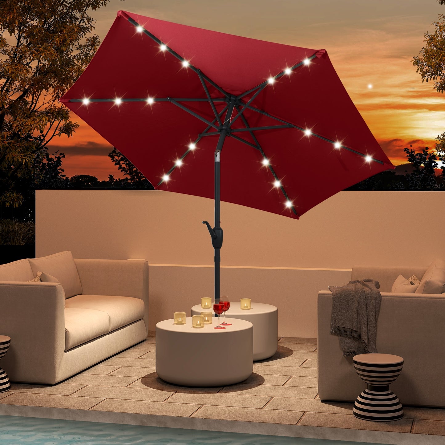 7.5 Feet Solar Powered Patio Umbrella with LED Lights and Crank Handle-Beige