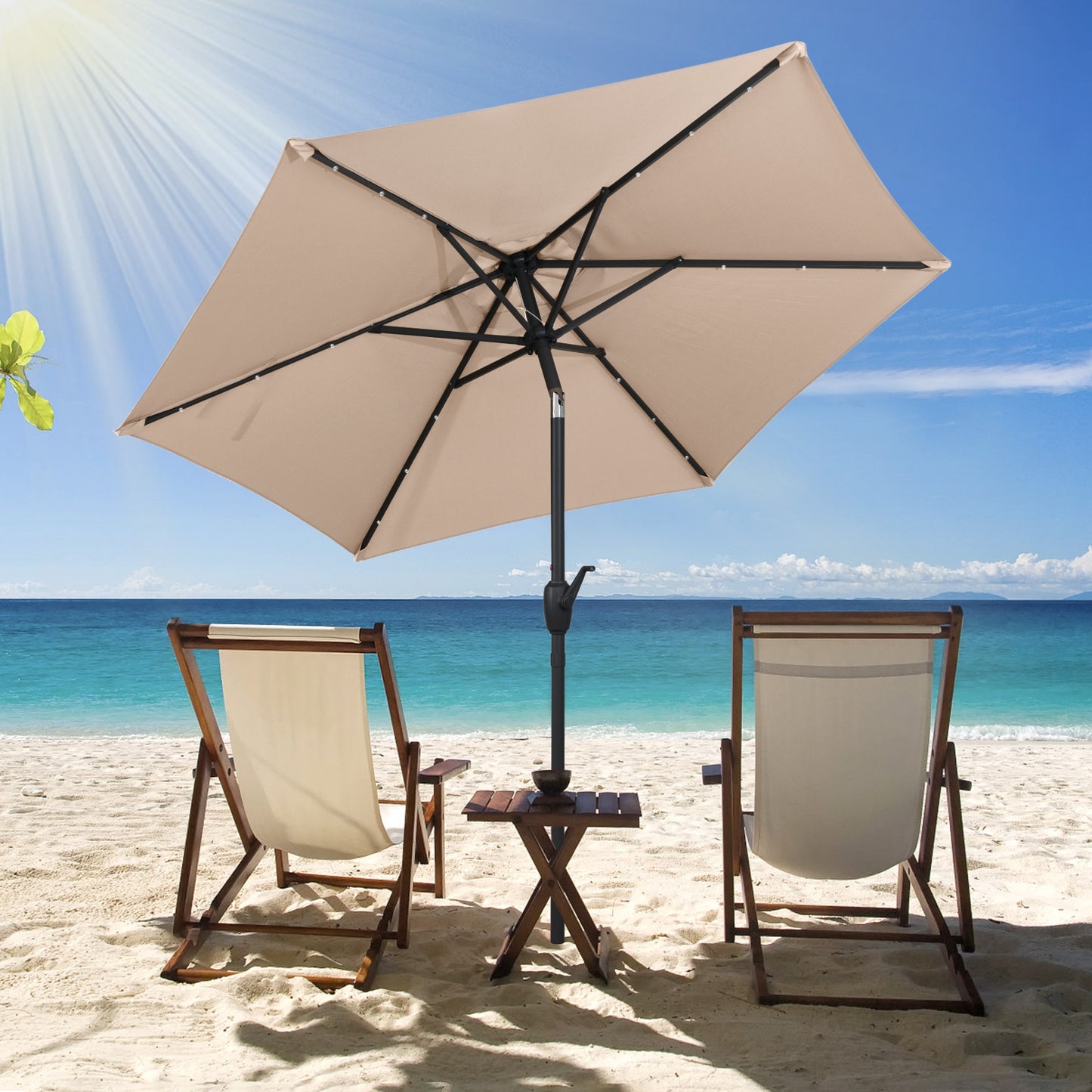 7.5 Feet Solar Powered Patio Umbrella with LED Lights and Crank Handle-Beige