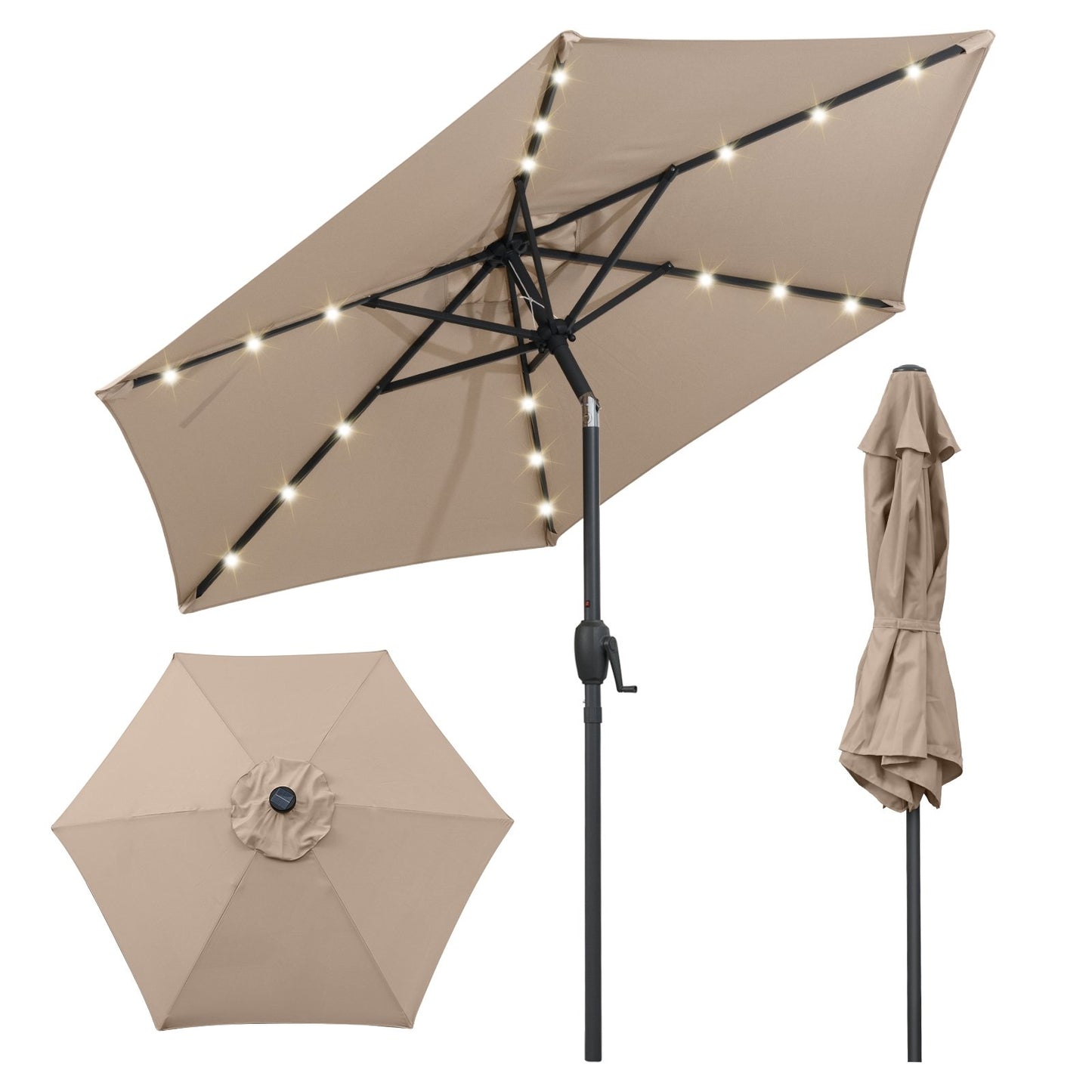 7.5 Feet Solar Powered Patio Umbrella with LED Lights and Crank Handle-Beige