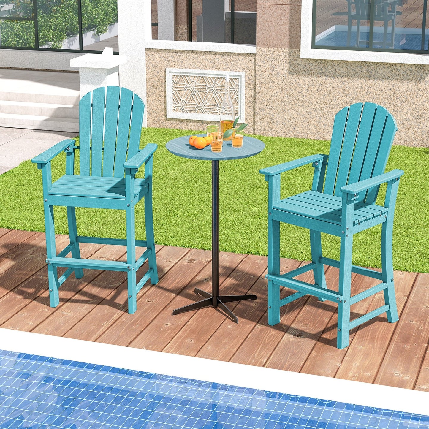 Set of 2 Counter Height Outdoor HDPE Bar Stool with Armrests and Footrest-Black