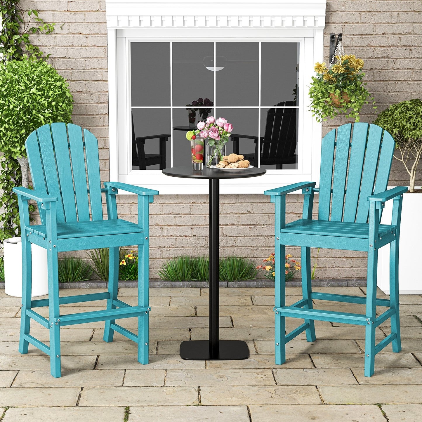 Set of 2 Counter Height Outdoor HDPE Bar Stool with Armrests and Footrest-Black