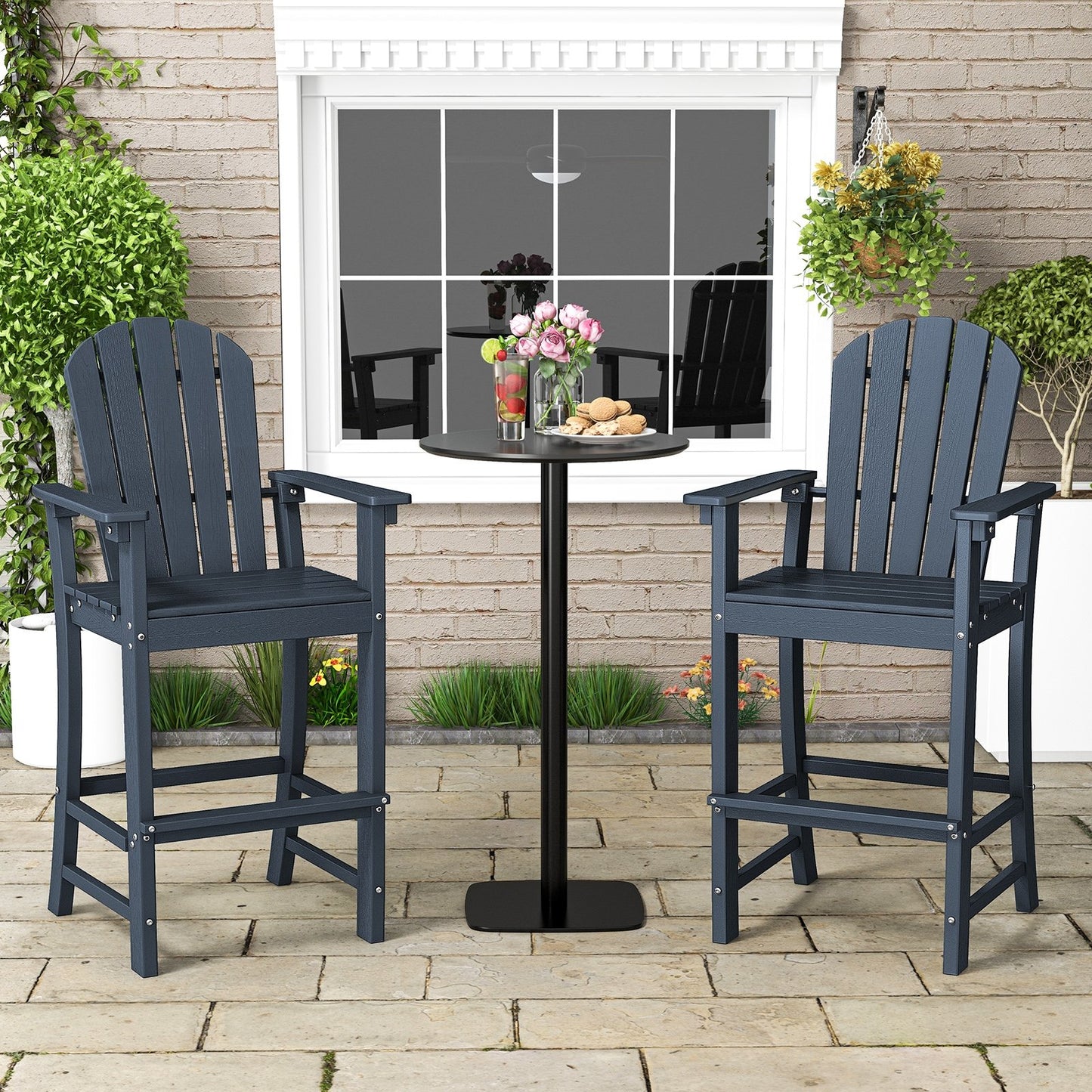 Set of 2 Counter Height Outdoor HDPE Bar Stool with Armrests and Footrest-Black