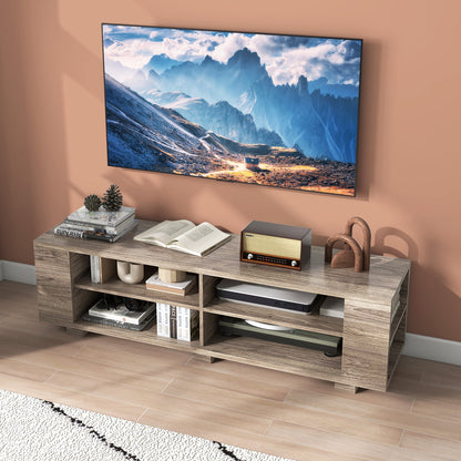 Wooden TV Stand with 8 Open Shelves for TVs up to 65 Inch Flat Screen-Light Gray