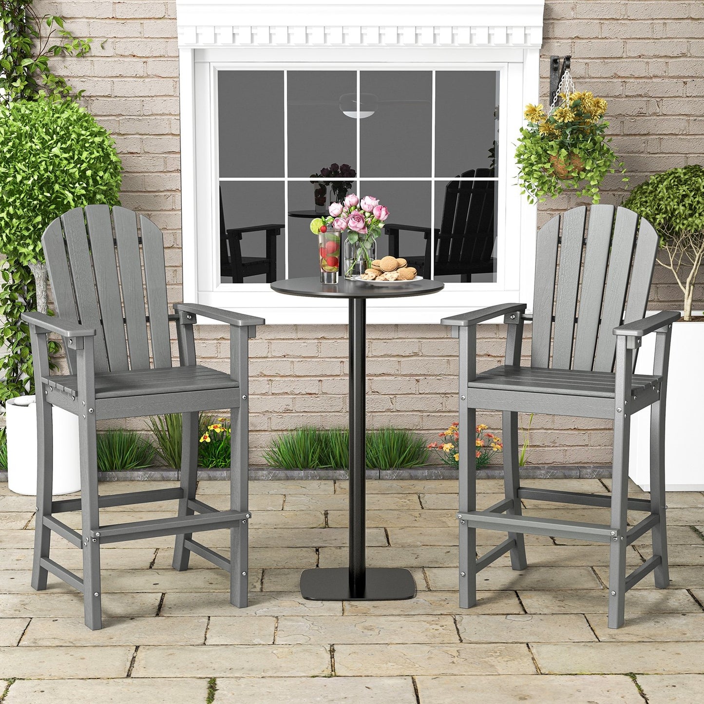 Set of 2 Counter Height Outdoor HDPE Bar Stool with Armrests and Footrest-Black