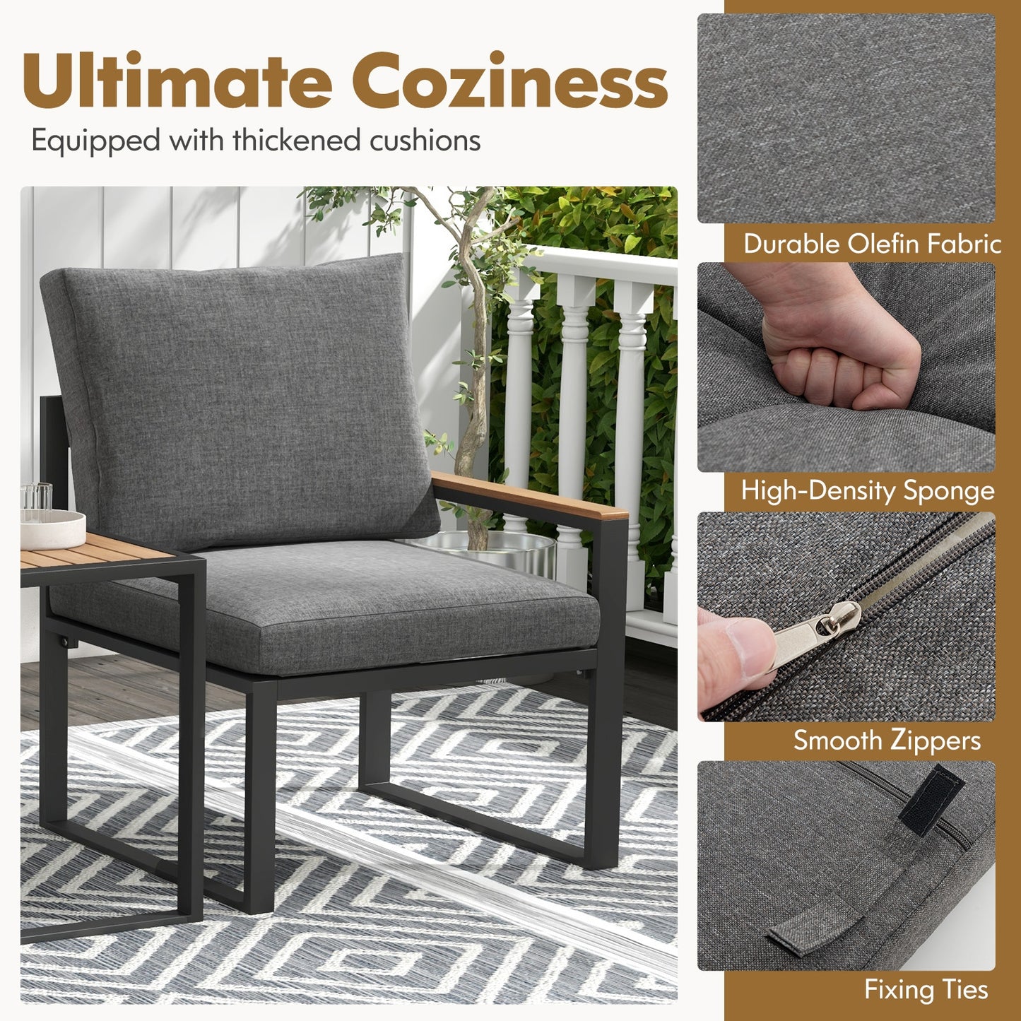 5 Pieces Aluminum Frame Weatherproof Outdoor Conversation Set with Soft Cushions-Gray