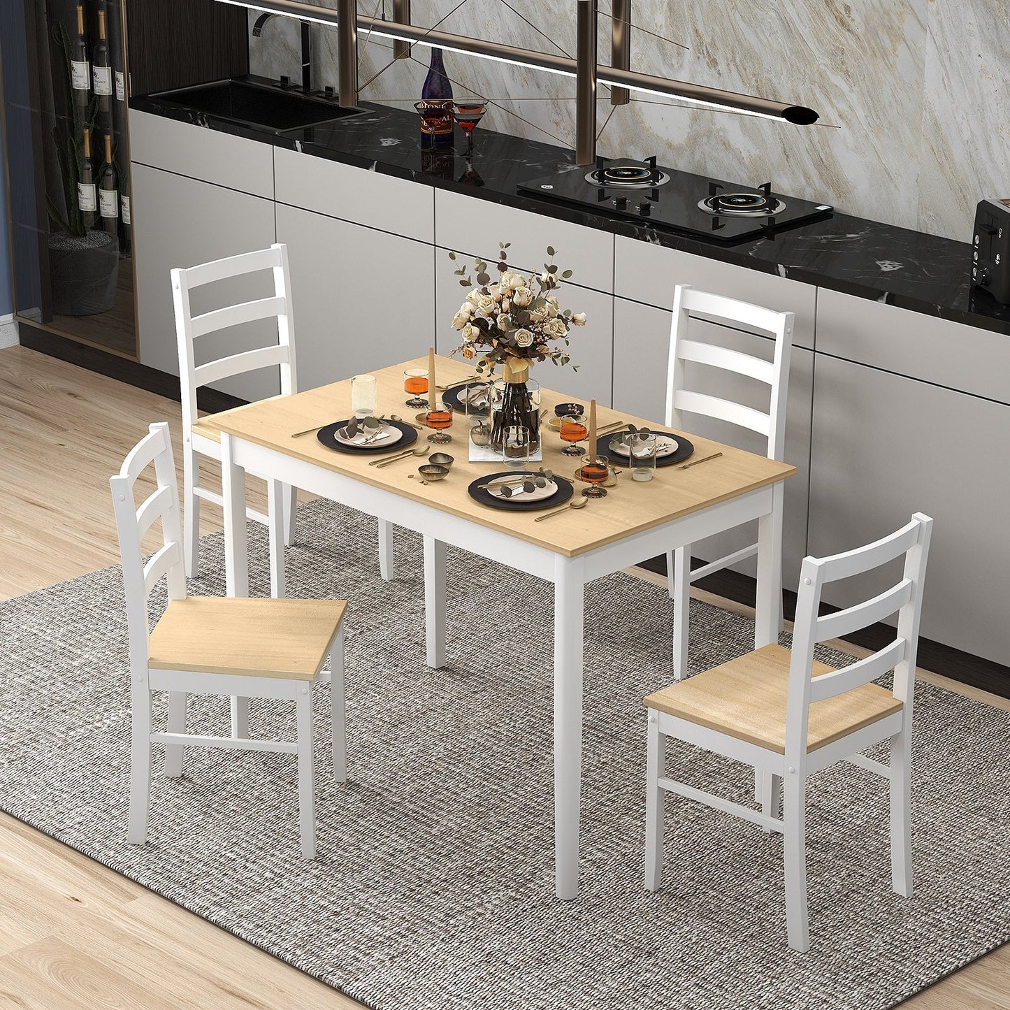 5-Piece Wooden Dining Set with Rectangular Table and 4 Chairs-Coffee and White