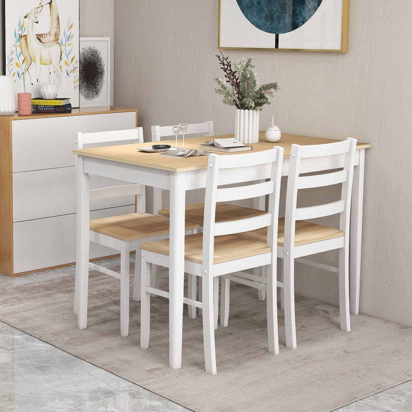 5-Piece Wooden Dining Set with Rectangular Table and 4 Chairs-Coffee and White