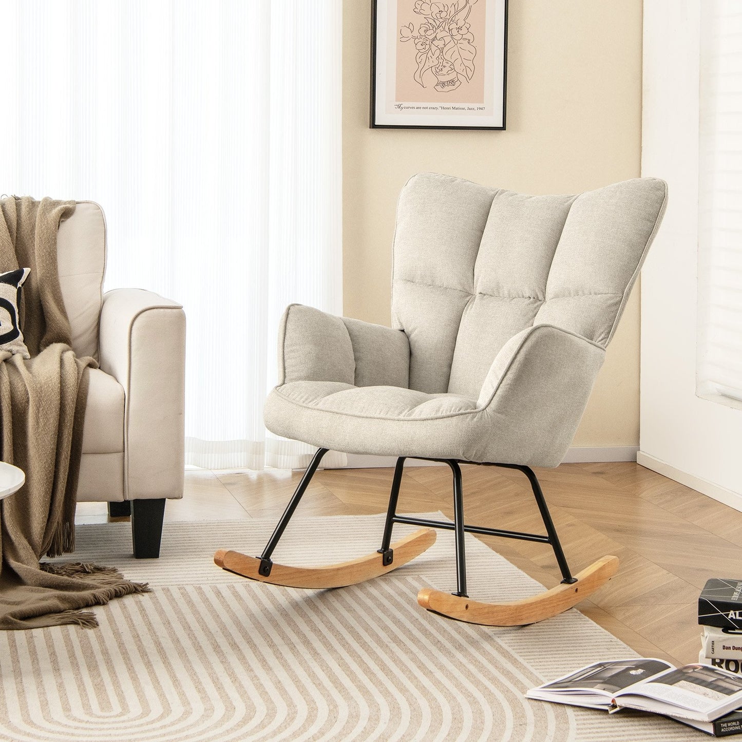 Linen Nursery Rocking Chair with High Backrest and Padded Armrests-Gray