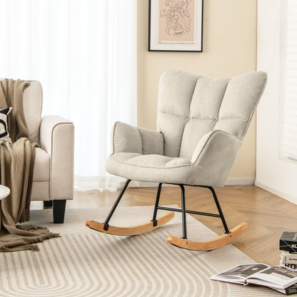 Linen Nursery Rocking Chair with High Backrest and Padded Armrests-Gray