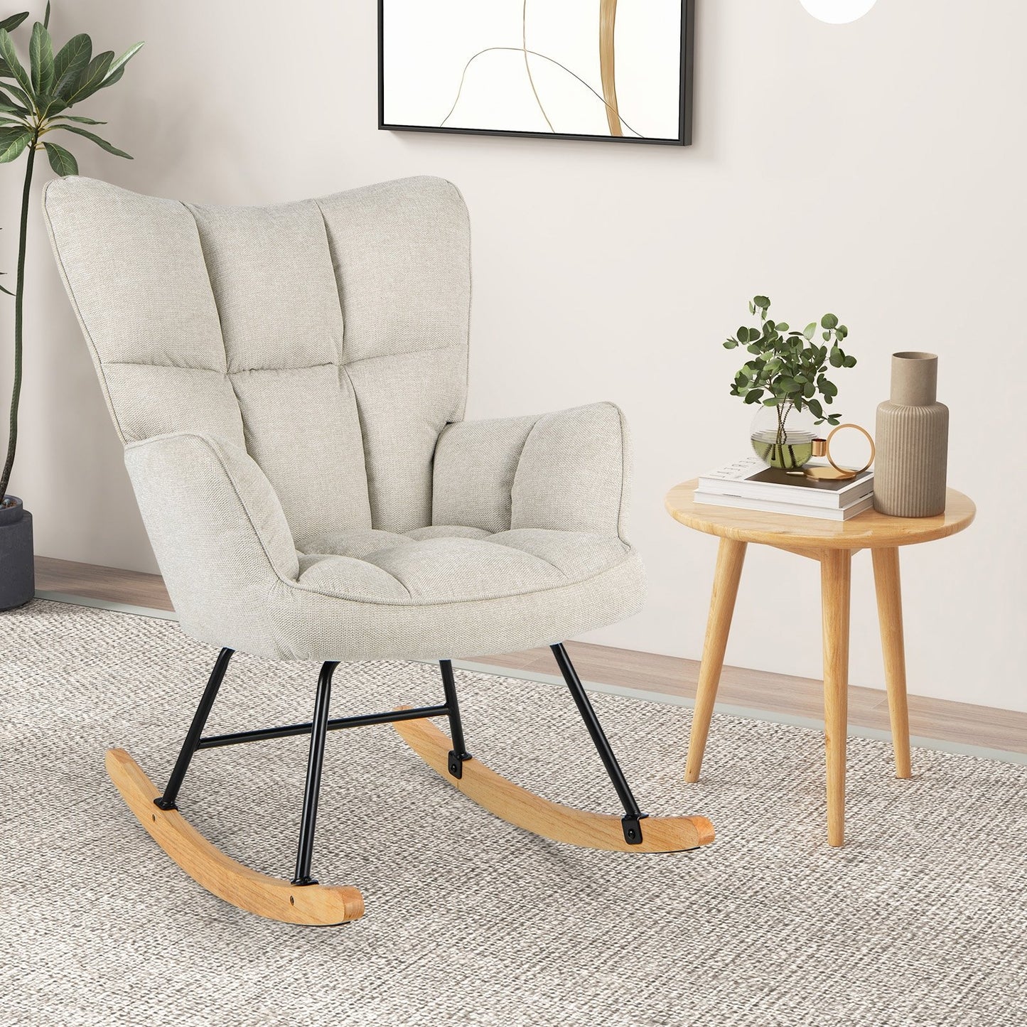 Linen Nursery Rocking Chair with High Backrest and Padded Armrests-Gray