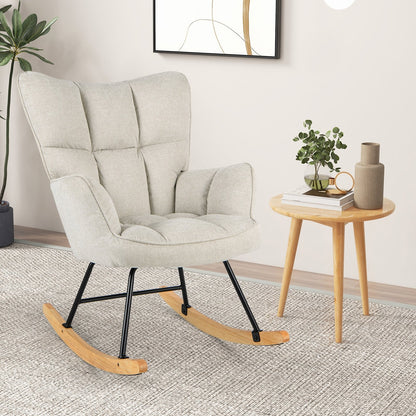 Linen Nursery Rocking Chair with High Backrest and Padded Armrests-Gray