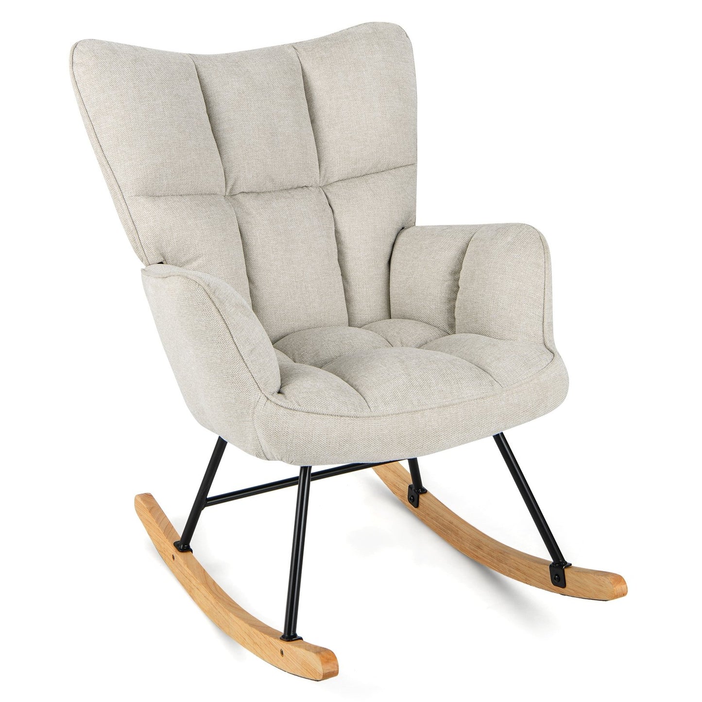 Linen Nursery Rocking Chair with High Backrest and Padded Armrests-Gray